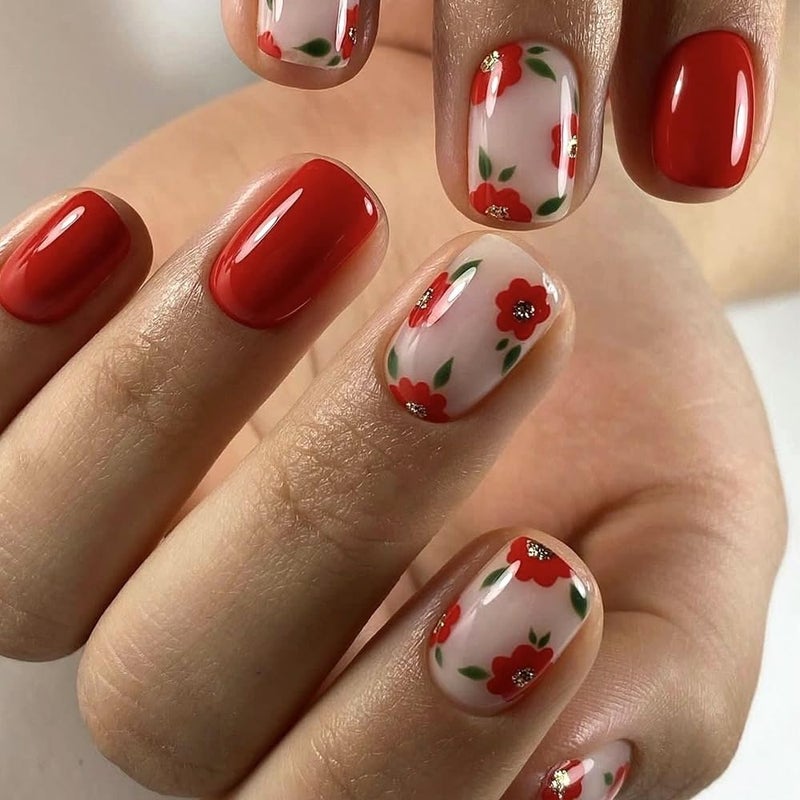 CTTHNBD Short Press on Nails Square - Red Fake Nails with Cute Flower Design - Solid Color Full Cover Glossy Stick on Nails for Women - 24 Pcs - Image 1